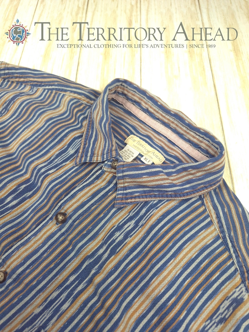 The Territory Ahead Blue and Tan Striped Casual Button-Down Shirt XLT